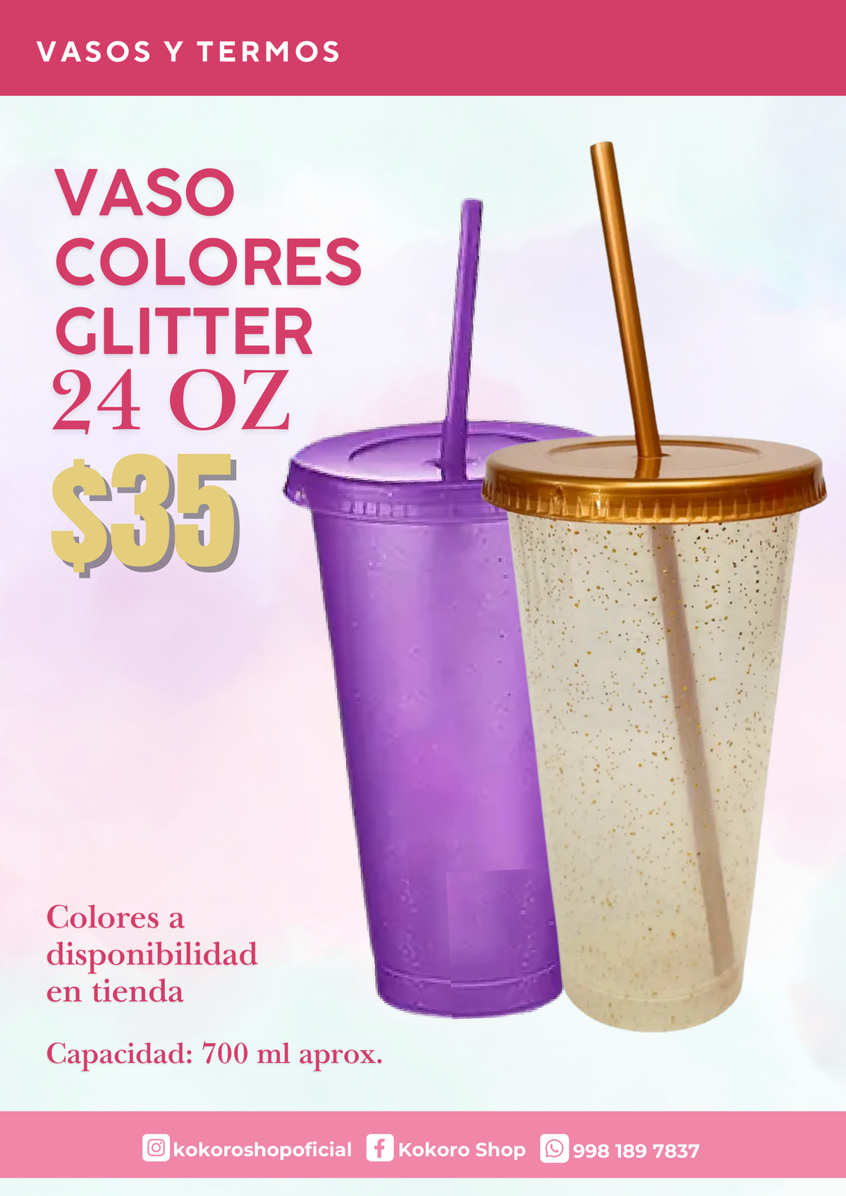 Vaso colores Glitter 24 OZ